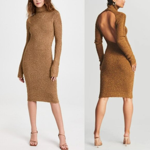 NEW Ser.O.Ya Brown Starling Boucle Dress Turtleneck Teddy Open Back Long Sleeve - Picture 2 of 4